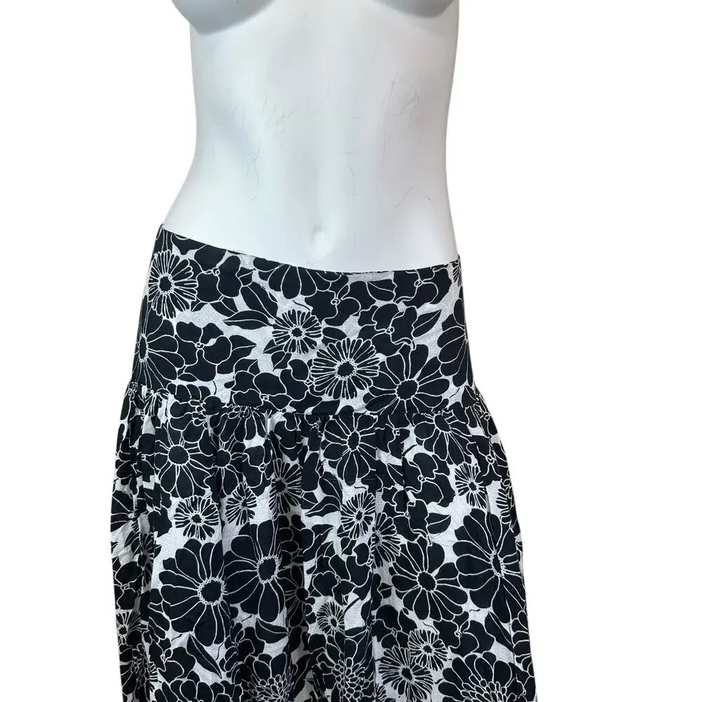 By Anthropologie Black White Floral Tiered Maxi Skirt L